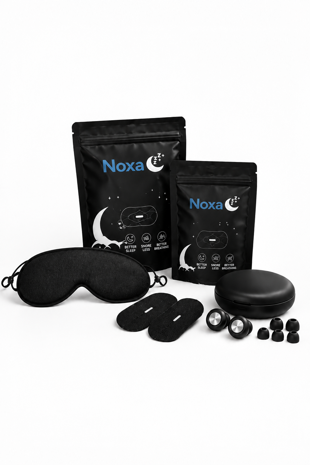 Noxa Sleep Kit – öronproppar med etui, sömntejp i två påsar och svart sovmask