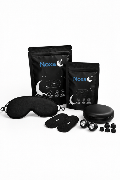 Noxa Sleep Kit – öronproppar med etui, sömntejp i två påsar och svart sovmask